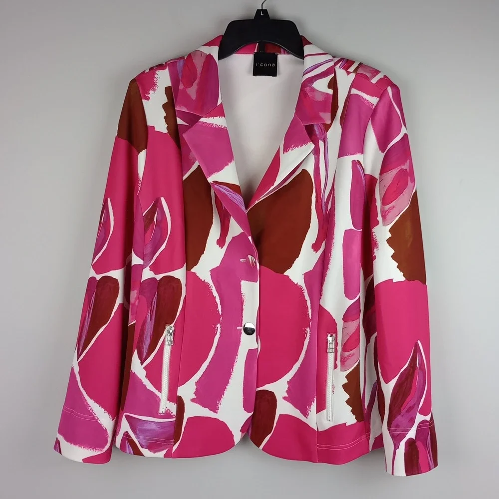 i'cona Womens 16 Pink Abstract Floral Print Stretch Zipper Pocket Blazer Jacket